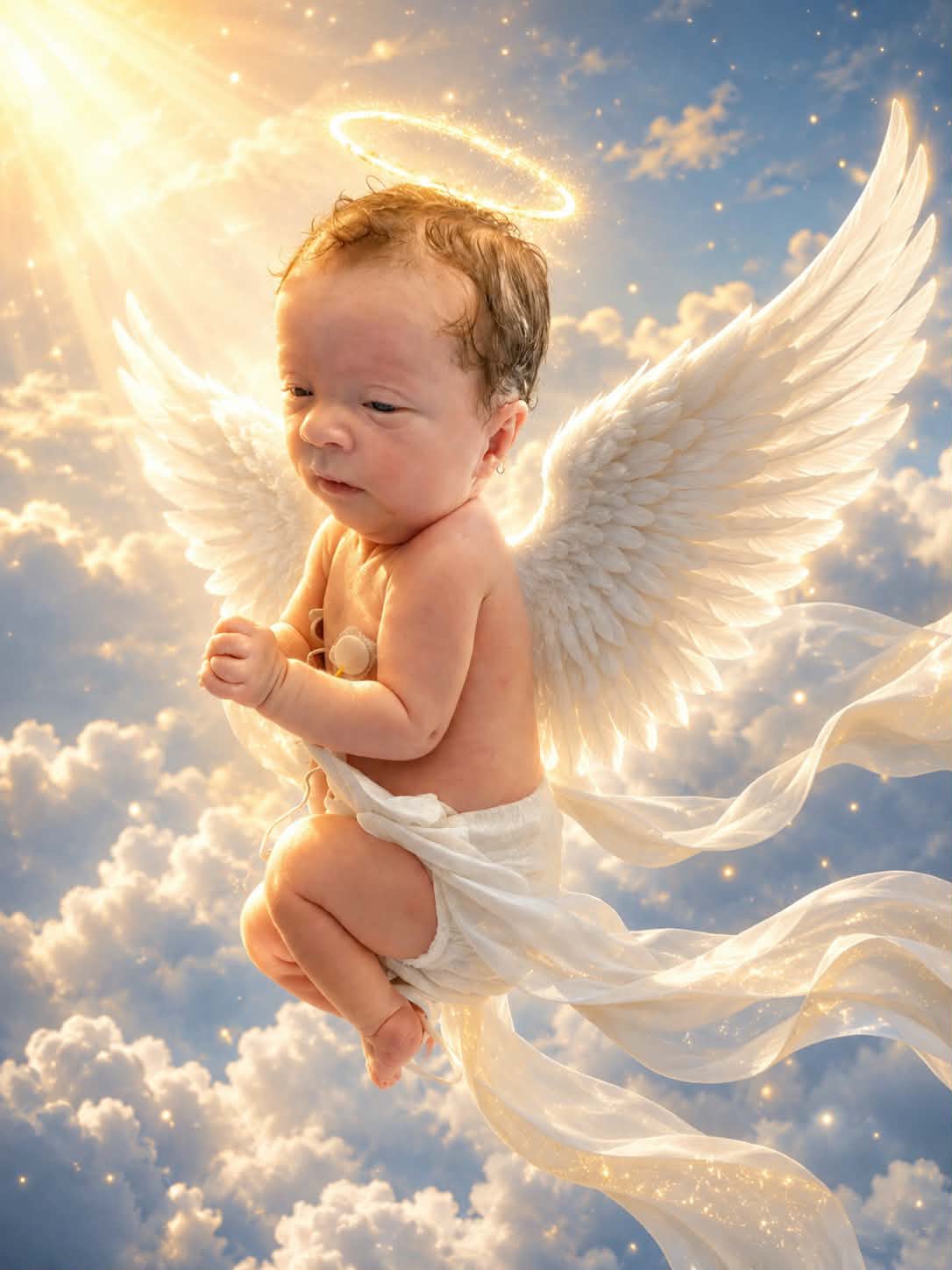 An artistic tribute of Noah as a winged angel above the clouds